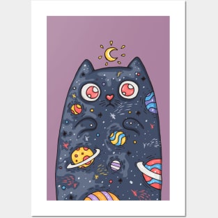 Cartoon cute cat with the universe inside Posters and Art